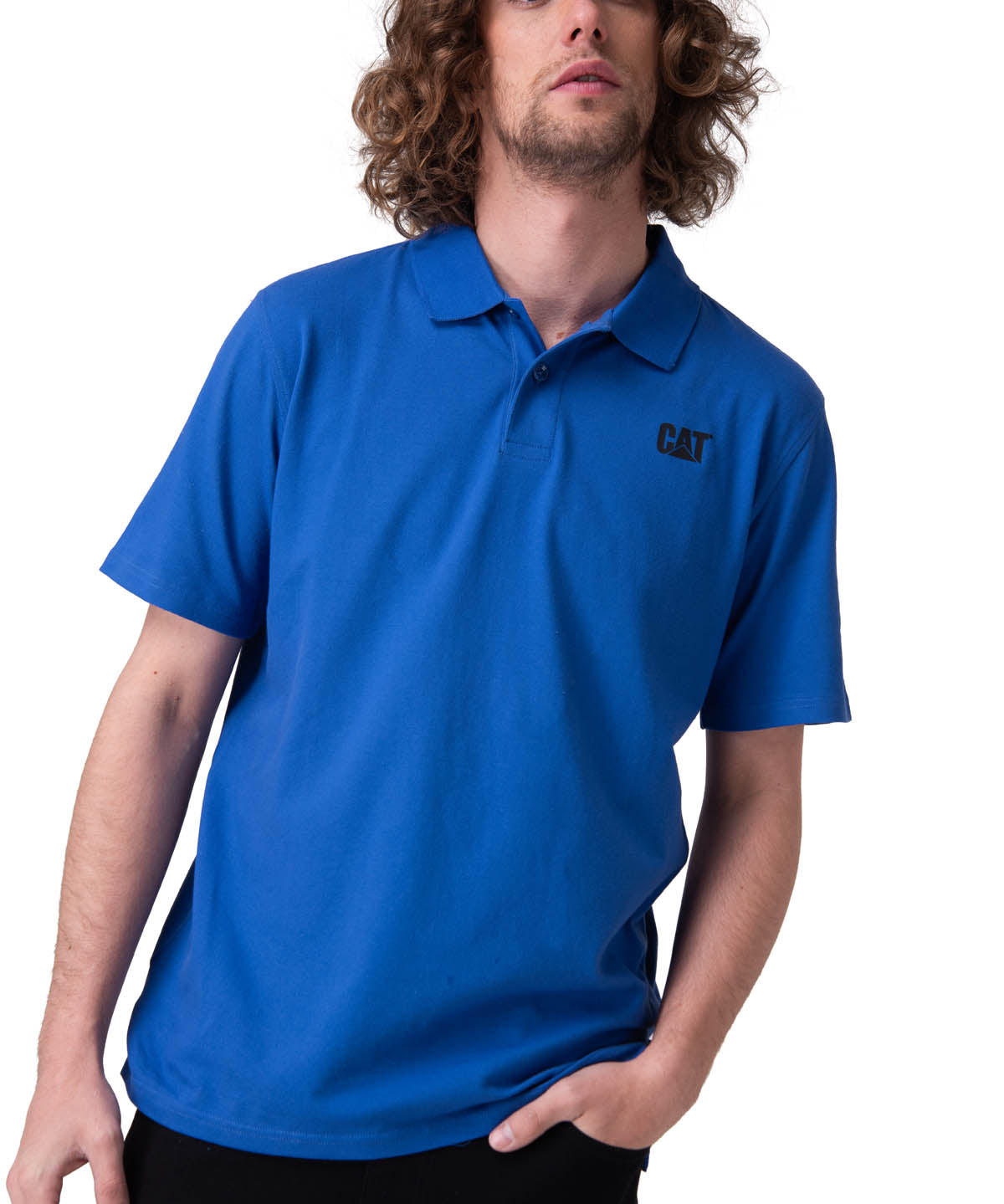 Polera Manga Corta Hombre Cat Logo Pique Azul