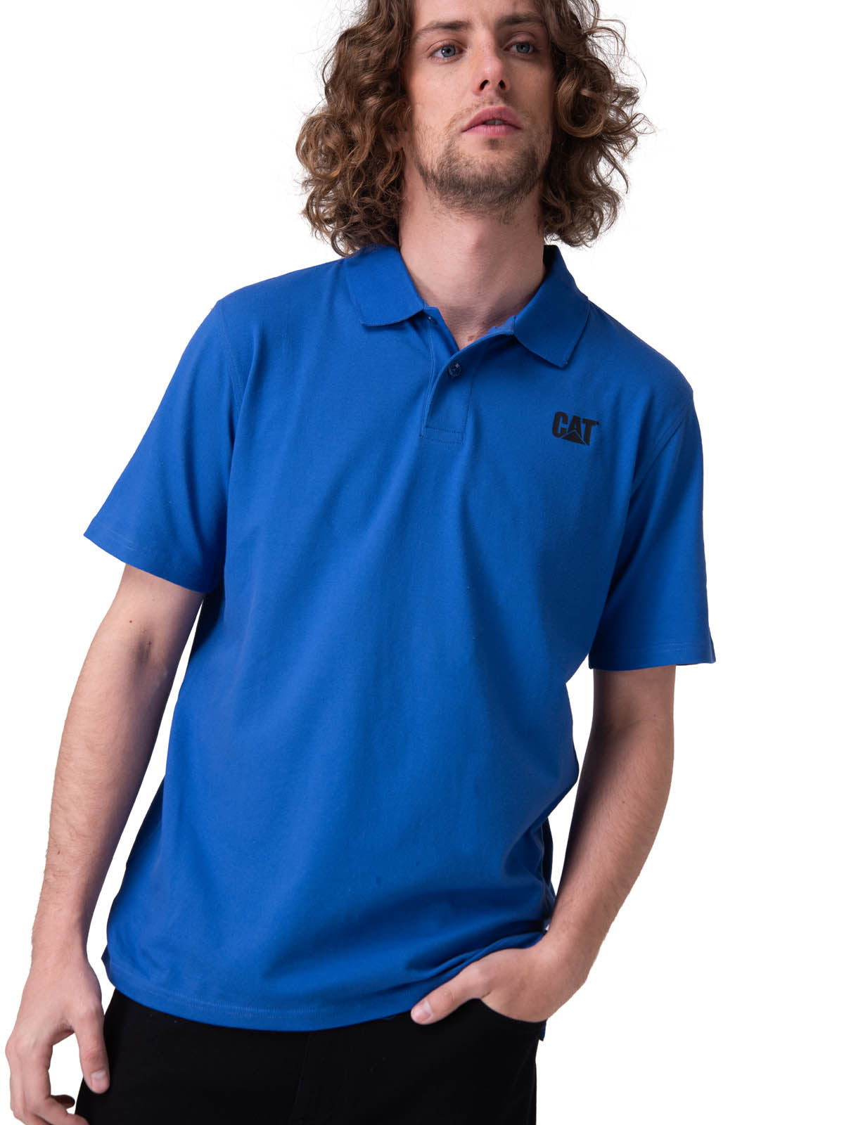 Polera Manga Corta Hombre Cat Logo Pique Azul
