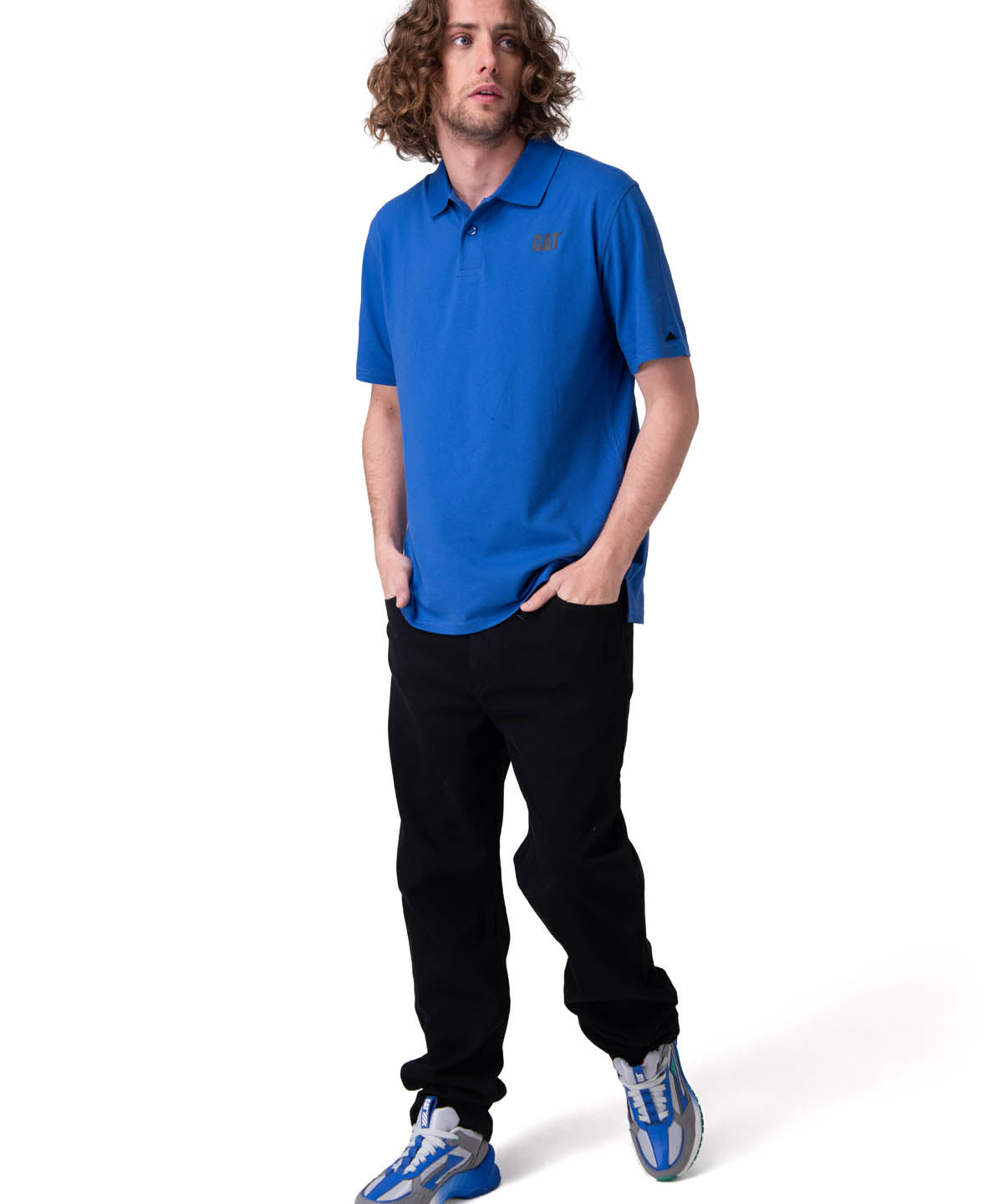 Polera Manga Corta Hombre Cat Logo Pique Azul