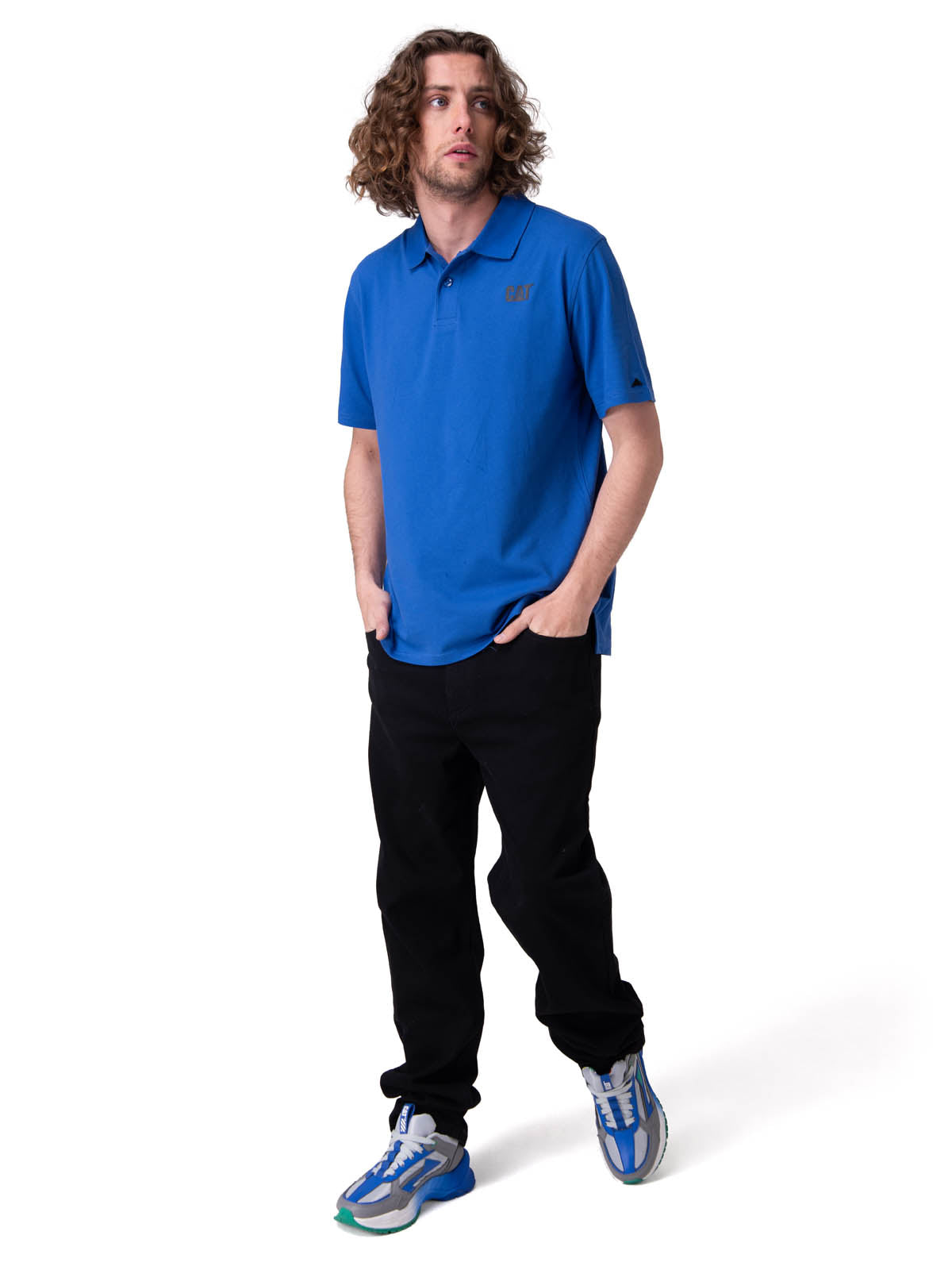 Polera Manga Corta Hombre Cat Logo Pique Azul