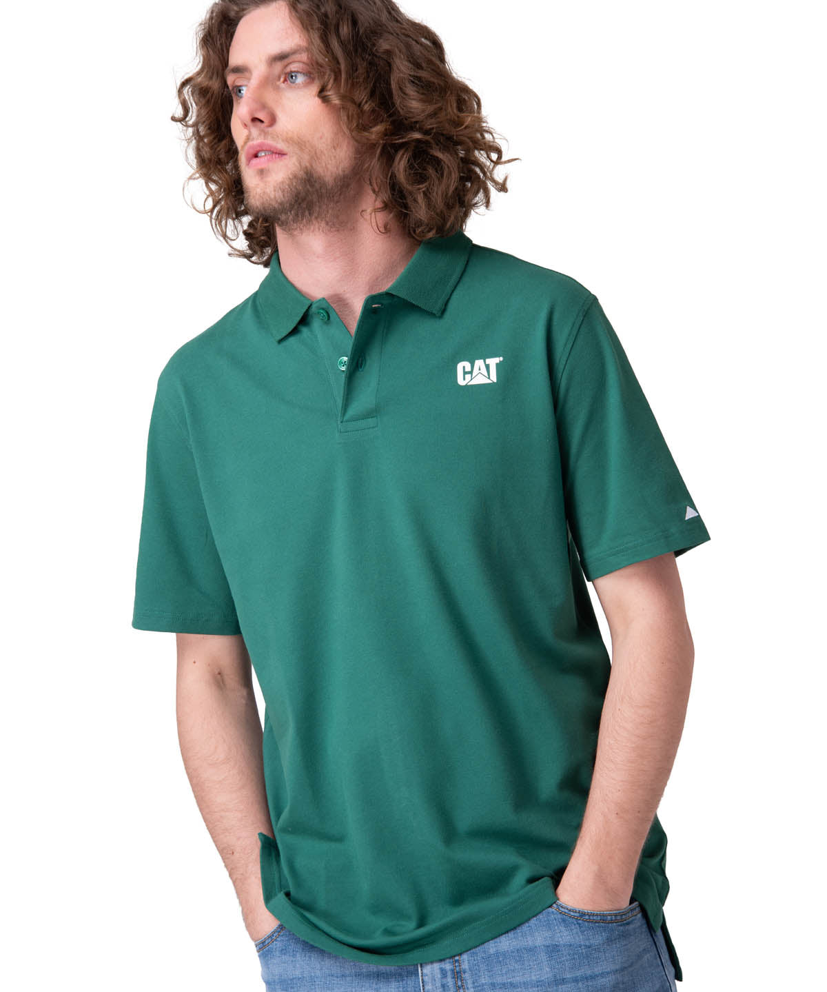 Polera Manga Corta Hombre Cat Logo Pique Verde
