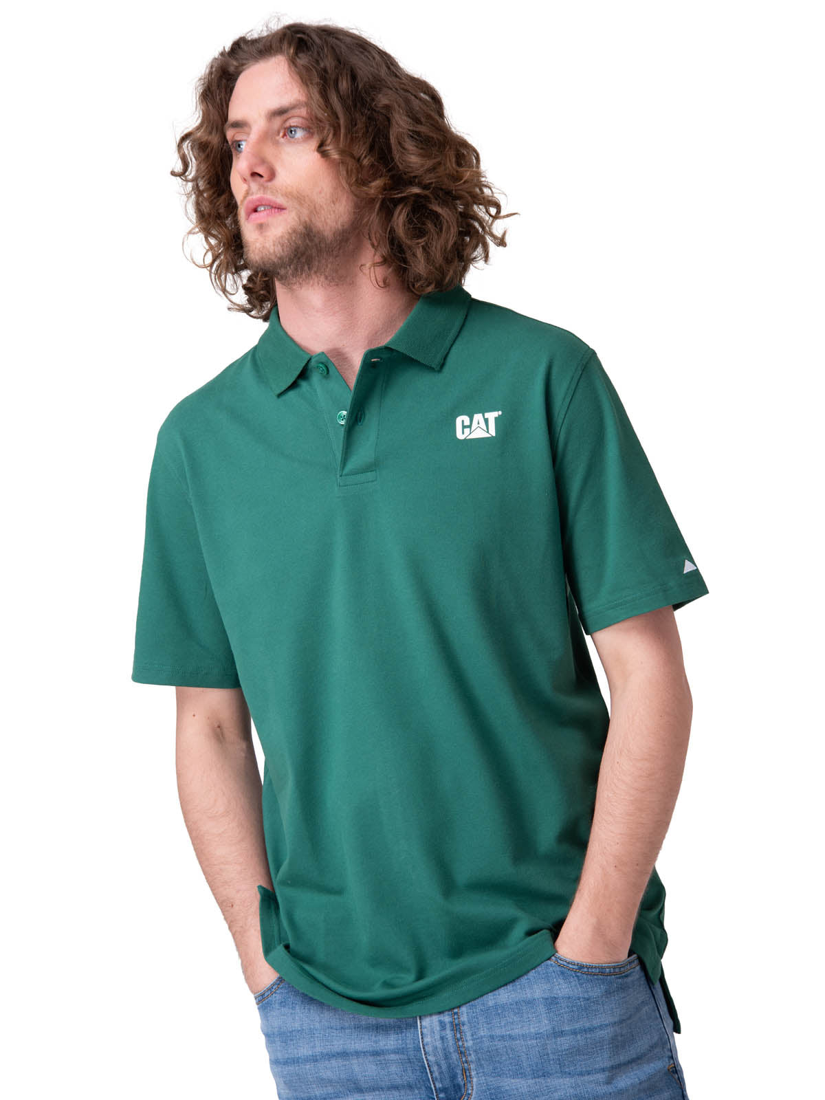 Polera Manga Corta Hombre Cat Logo Pique Verde