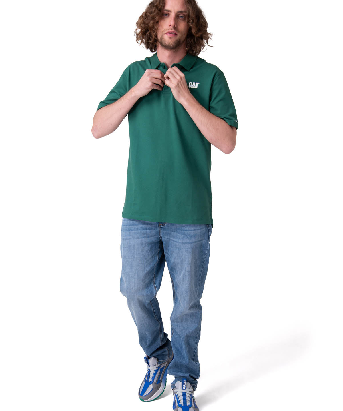 Polera Manga Corta Hombre Cat Logo Pique Verde