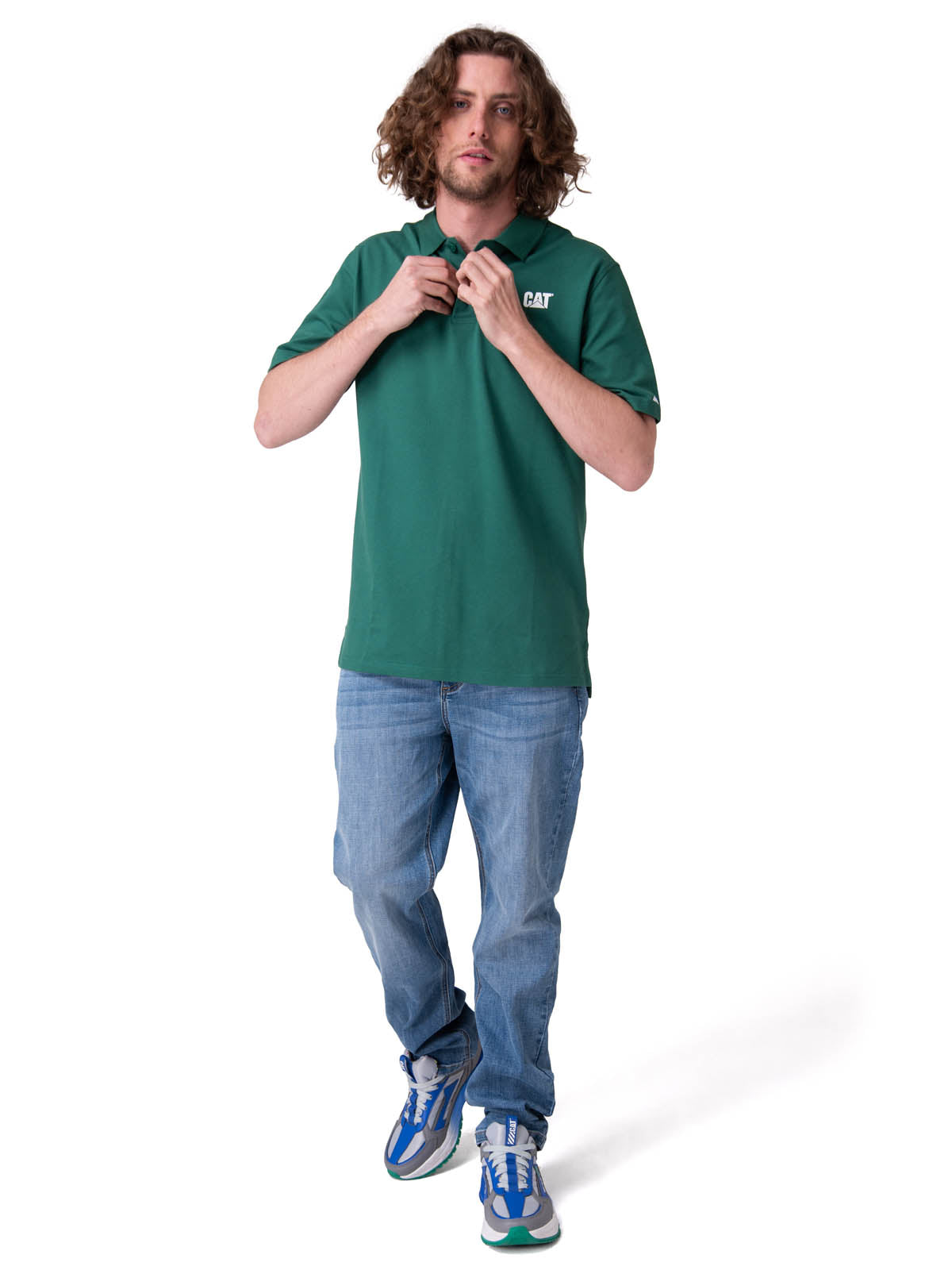 Polera Manga Corta Hombre Cat Logo Pique Verde