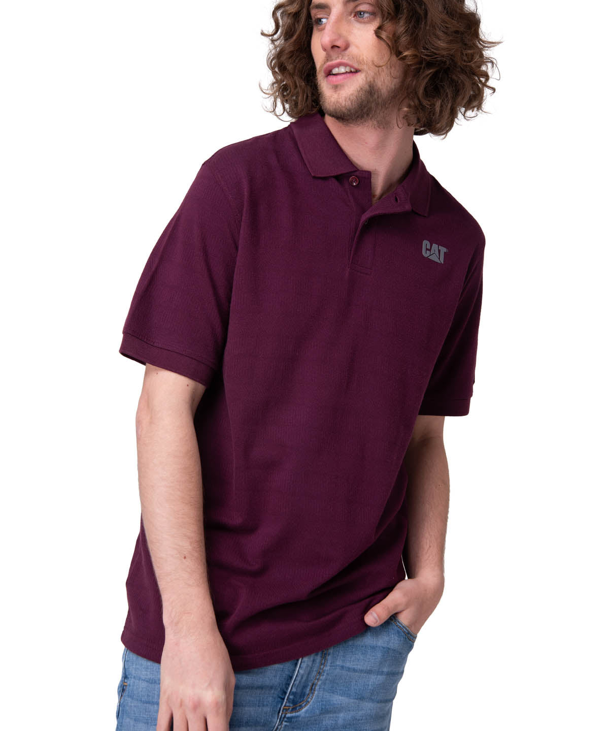 Polera Manga Corta Hombre Cat Logo Pique Morado