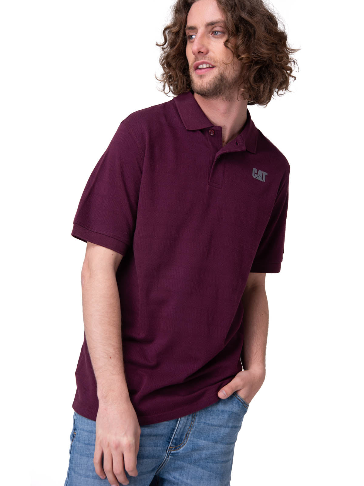 Polera Manga Corta Hombre Cat Logo Pique Morado