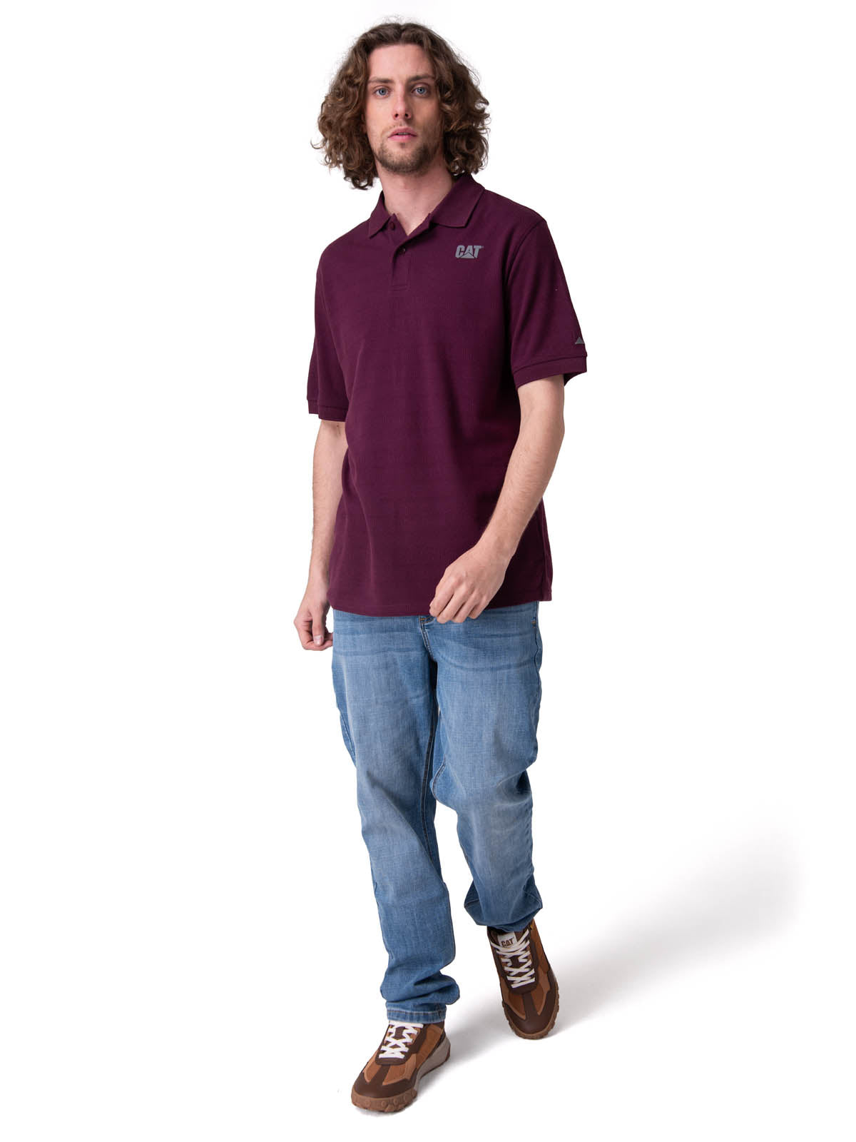 Polera Manga Corta Hombre Cat Logo Pique Morado