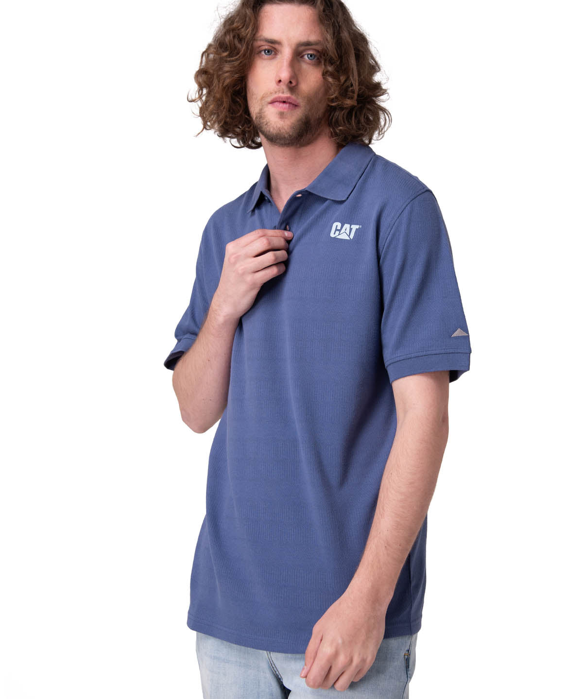 Polera Manga Corta Hombre Cat Logo Pique Azul