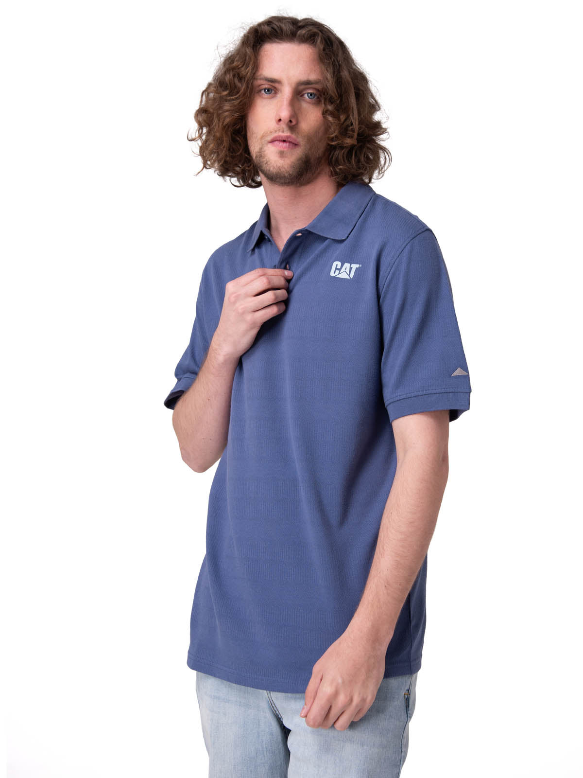 Polera Manga Corta Hombre Cat Logo Pique Azul