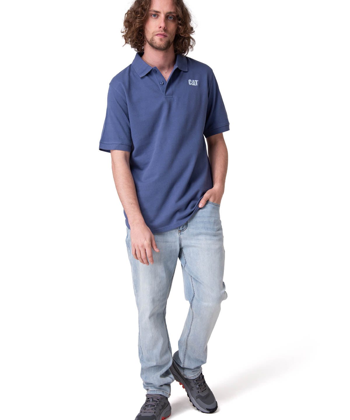 Polera Manga Corta Hombre Cat Logo Pique Azul