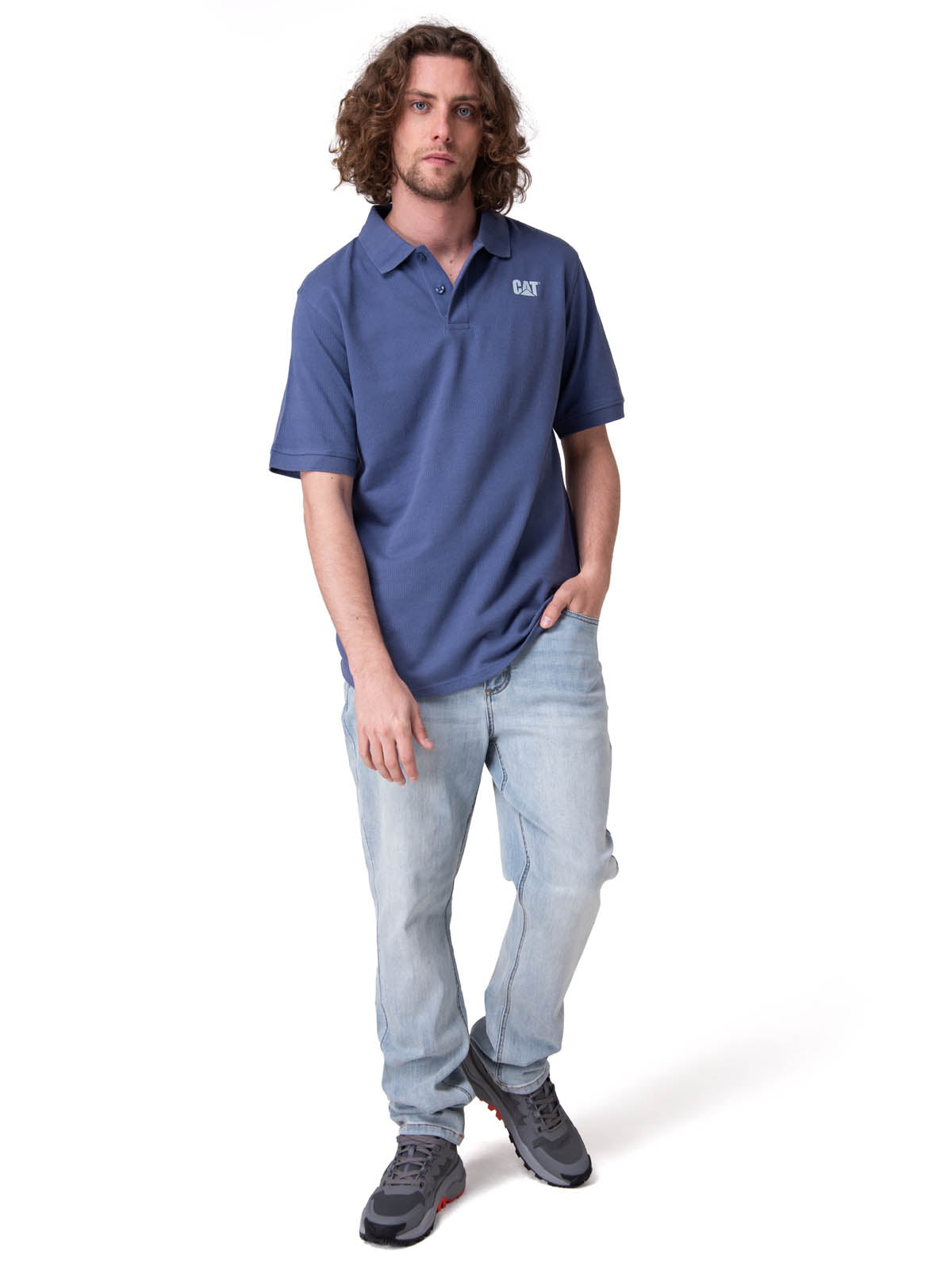 Polera Manga Corta Hombre Cat Logo Pique Azul