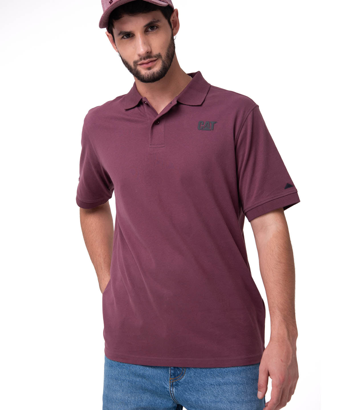 Polera Pique Manga Corta Logo Jersey Burdeo Cat