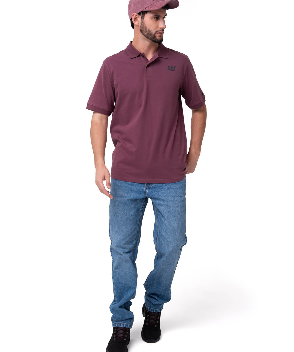 Polera Pique Manga Corta Logo Jersey Burdeo Cat