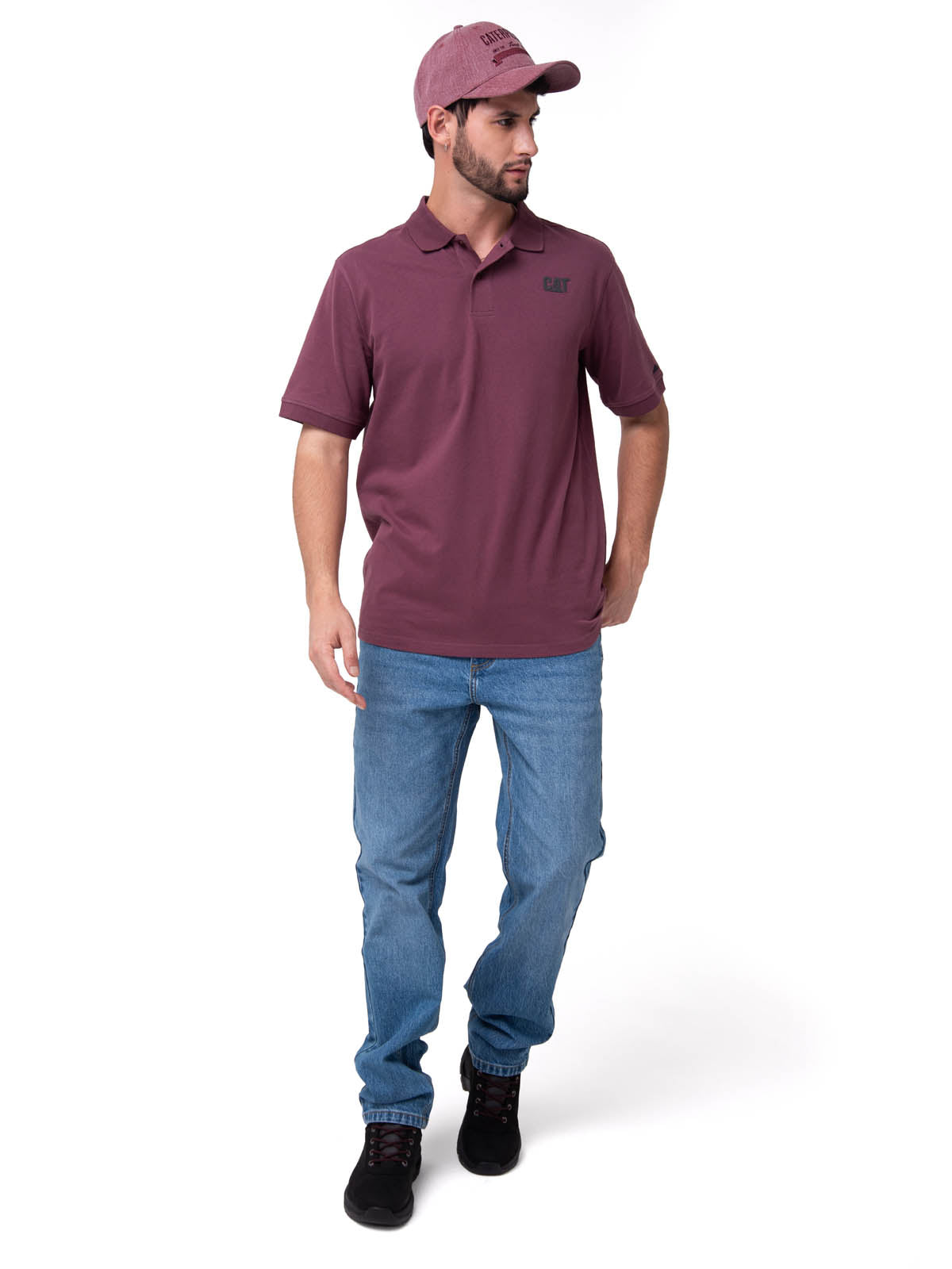 Polera Pique Manga Corta Logo Jersey Burdeo Cat