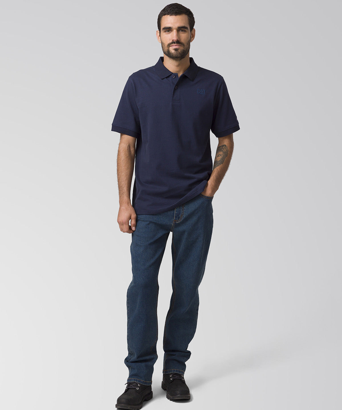 Polera Manga Corta Hombre Cat Logo Pique Azul