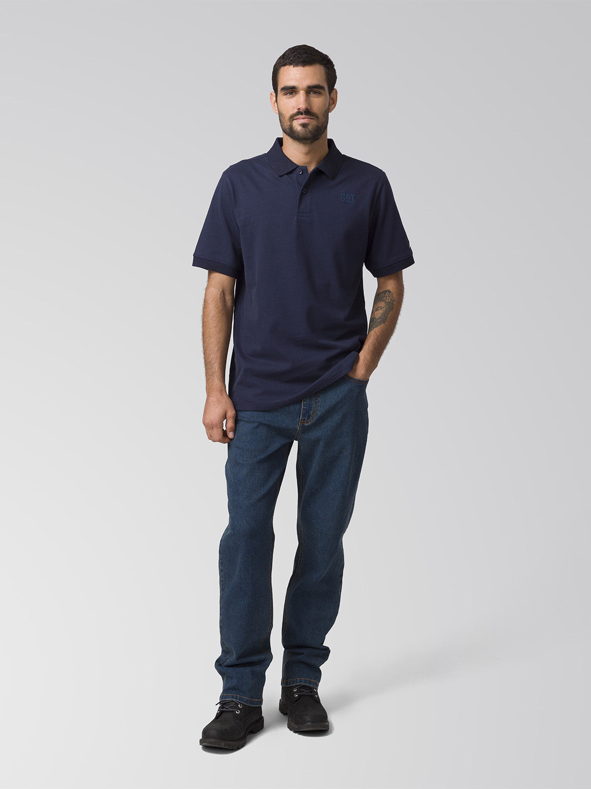 Polera Manga Corta Hombre Cat Logo Pique Azul