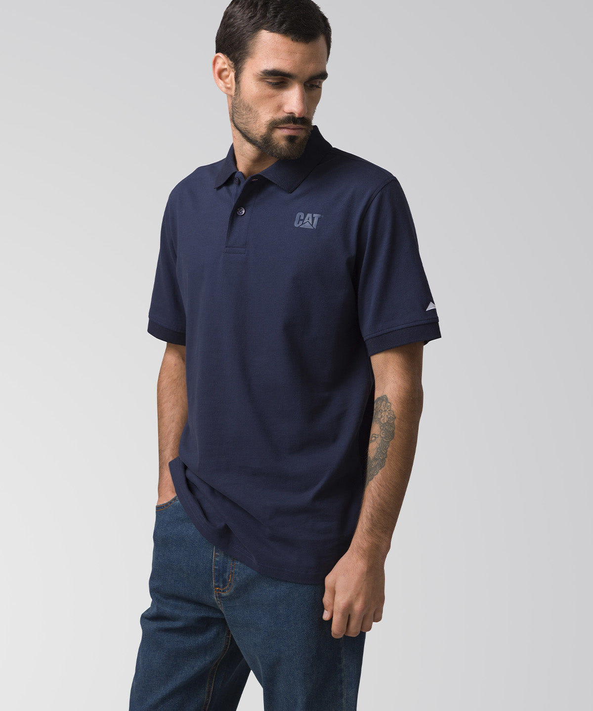 Polera Manga Corta Hombre Cat Logo Pique Azul