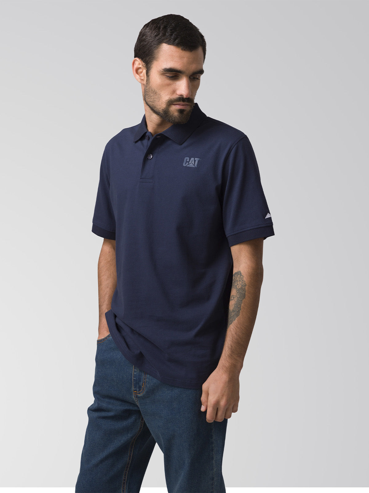 Polera Manga Corta Hombre Cat Logo Pique Azul