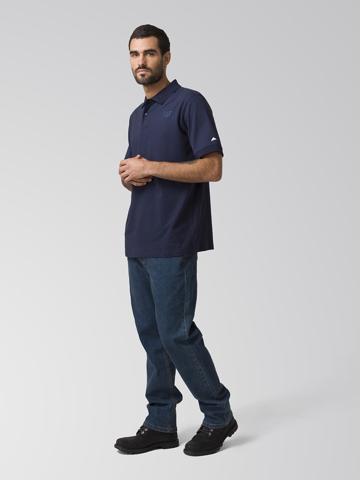 Polera Manga Corta Hombre Cat Logo Pique Azul
