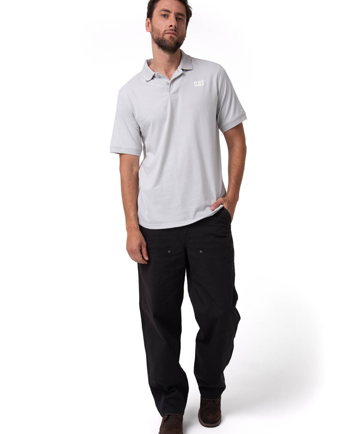 Polera Pique Manga Corta Logo Jersey Gris Cat