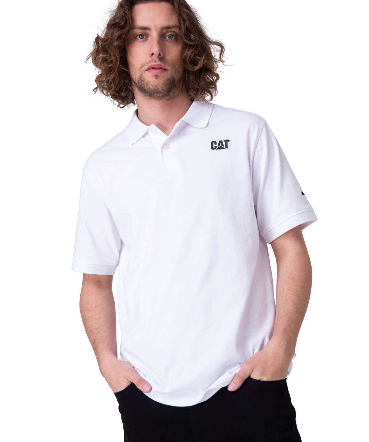 Polera Manga Corta Hombre Cat Logo Jersey  Blanco
