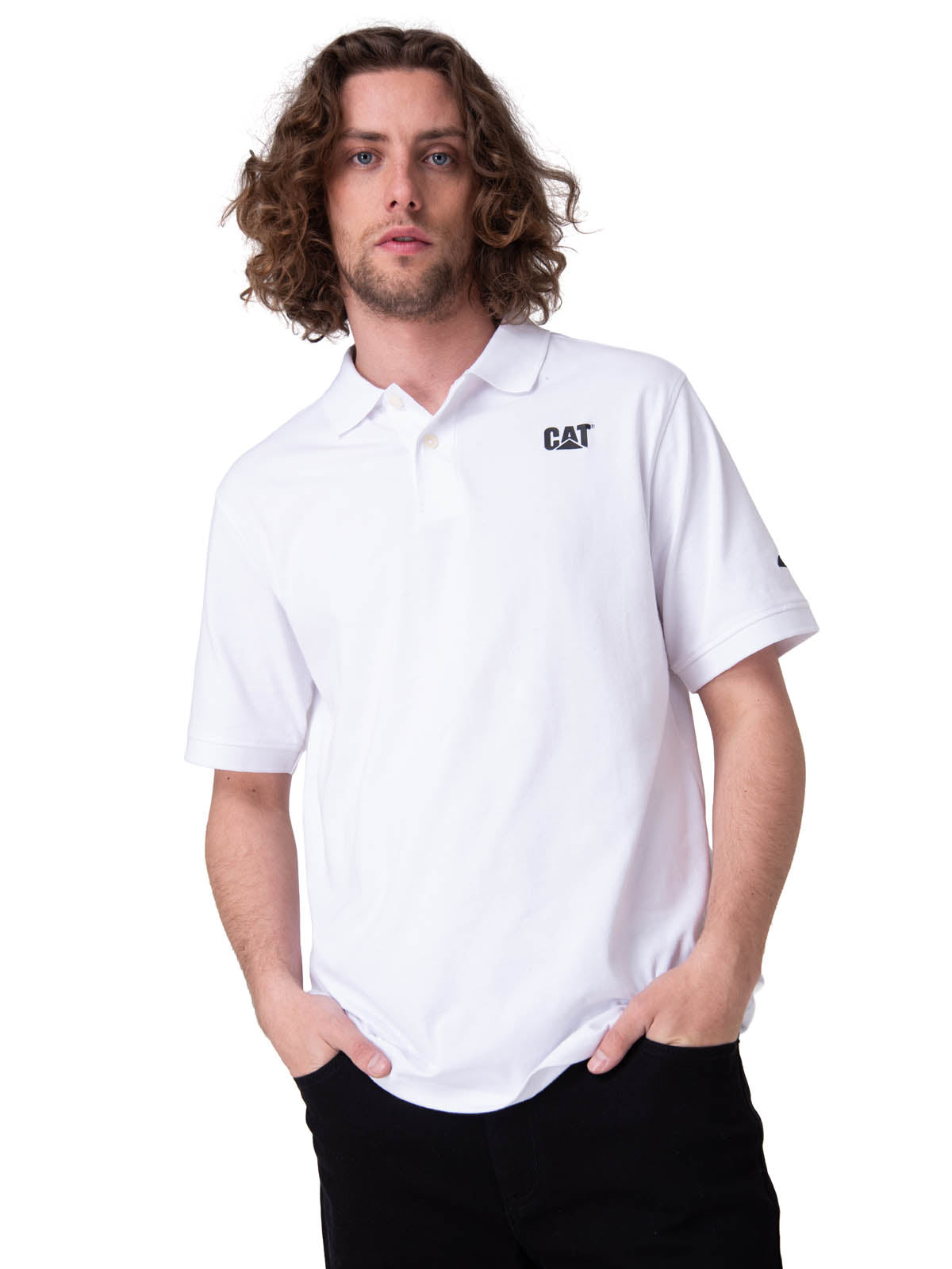 Polera Manga Corta Hombre Cat Logo Jersey  Blanco