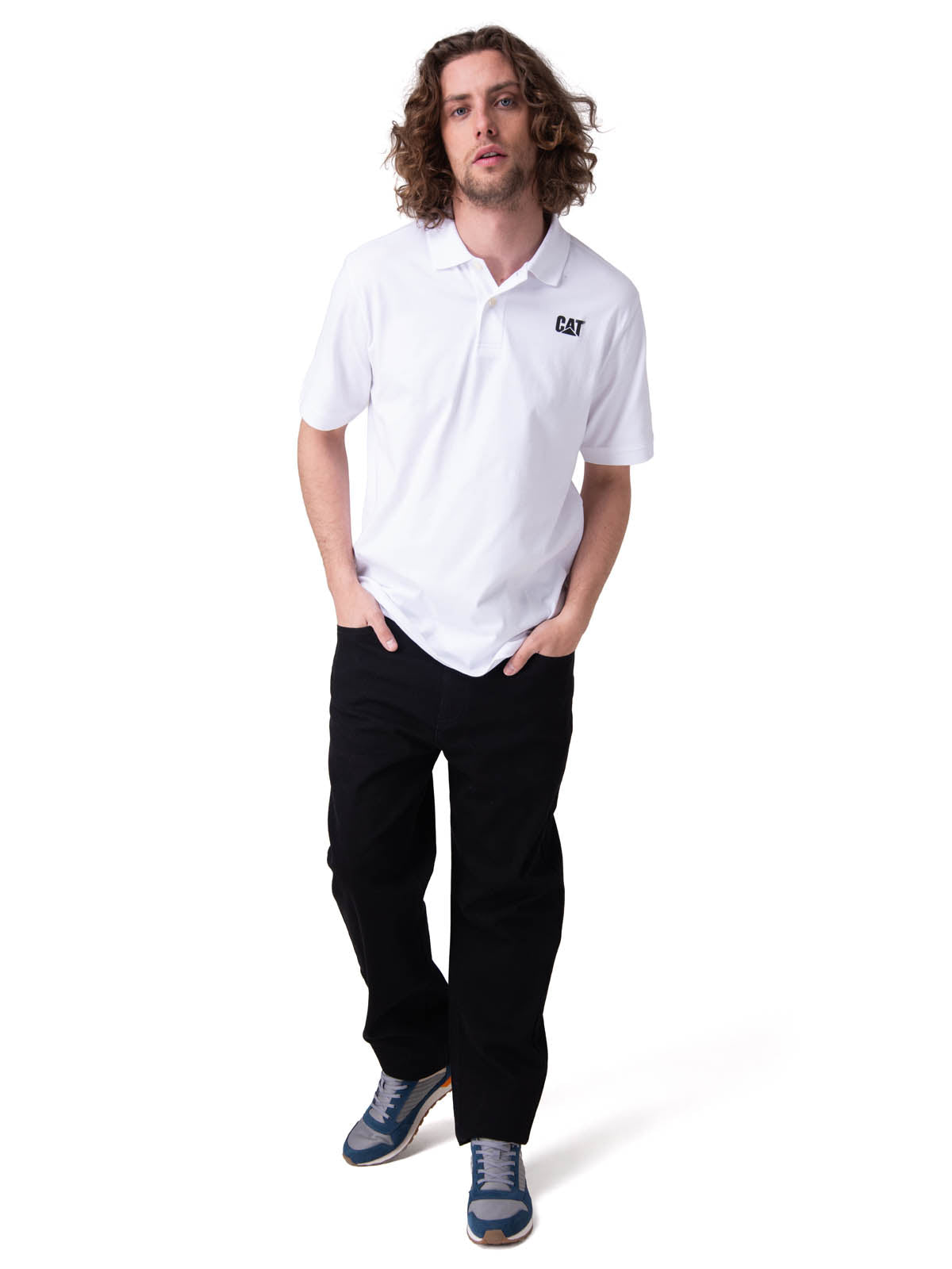 Polera Manga Corta Hombre Cat Logo Jersey  Blanco