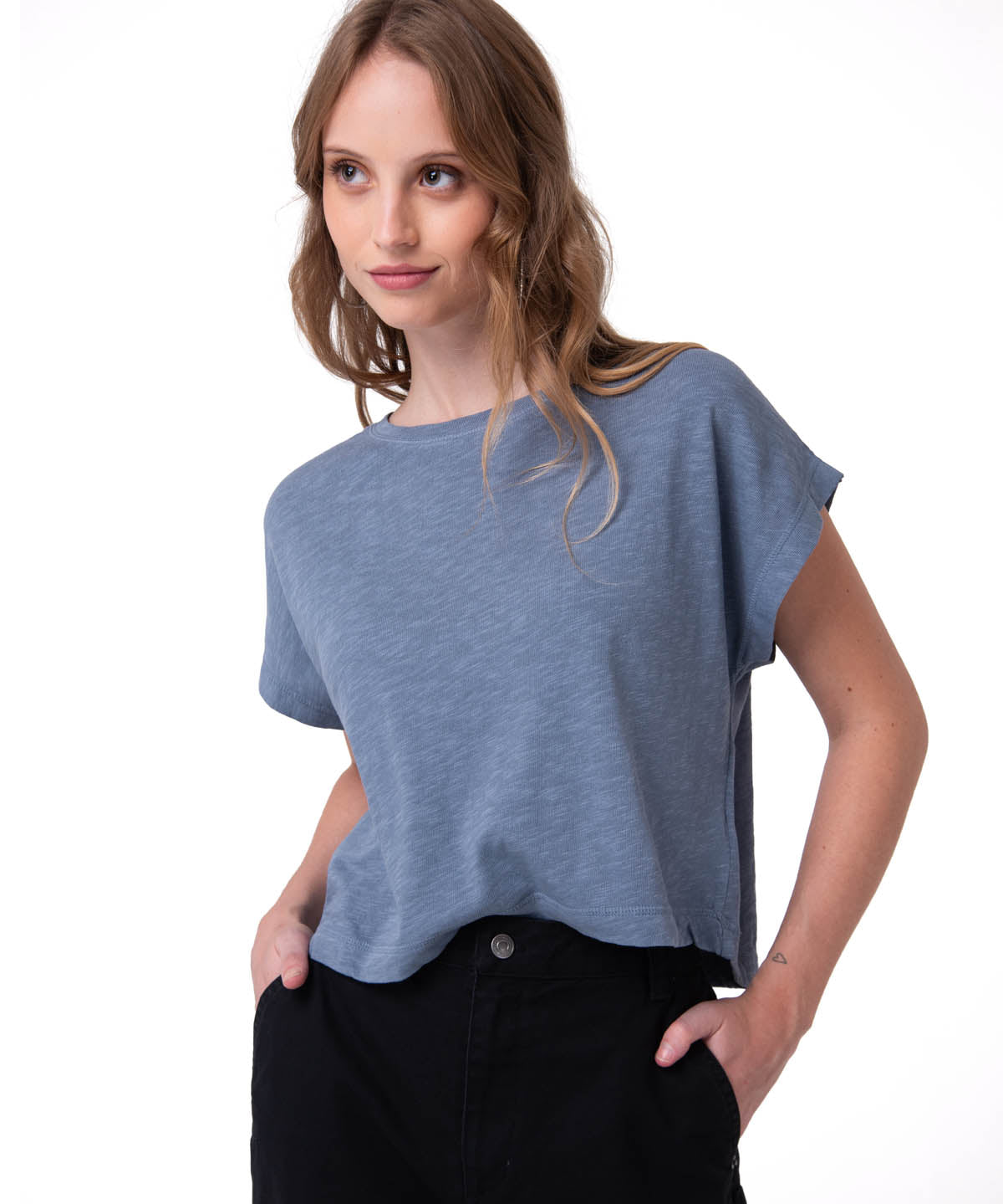 Polera Manga Corta Mujer Slub Knit Fashion Azul Cat