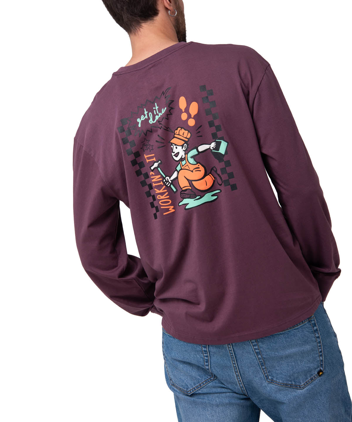 Polera Manga Larga Hombre Diseño SCI FI Burdeo Cat