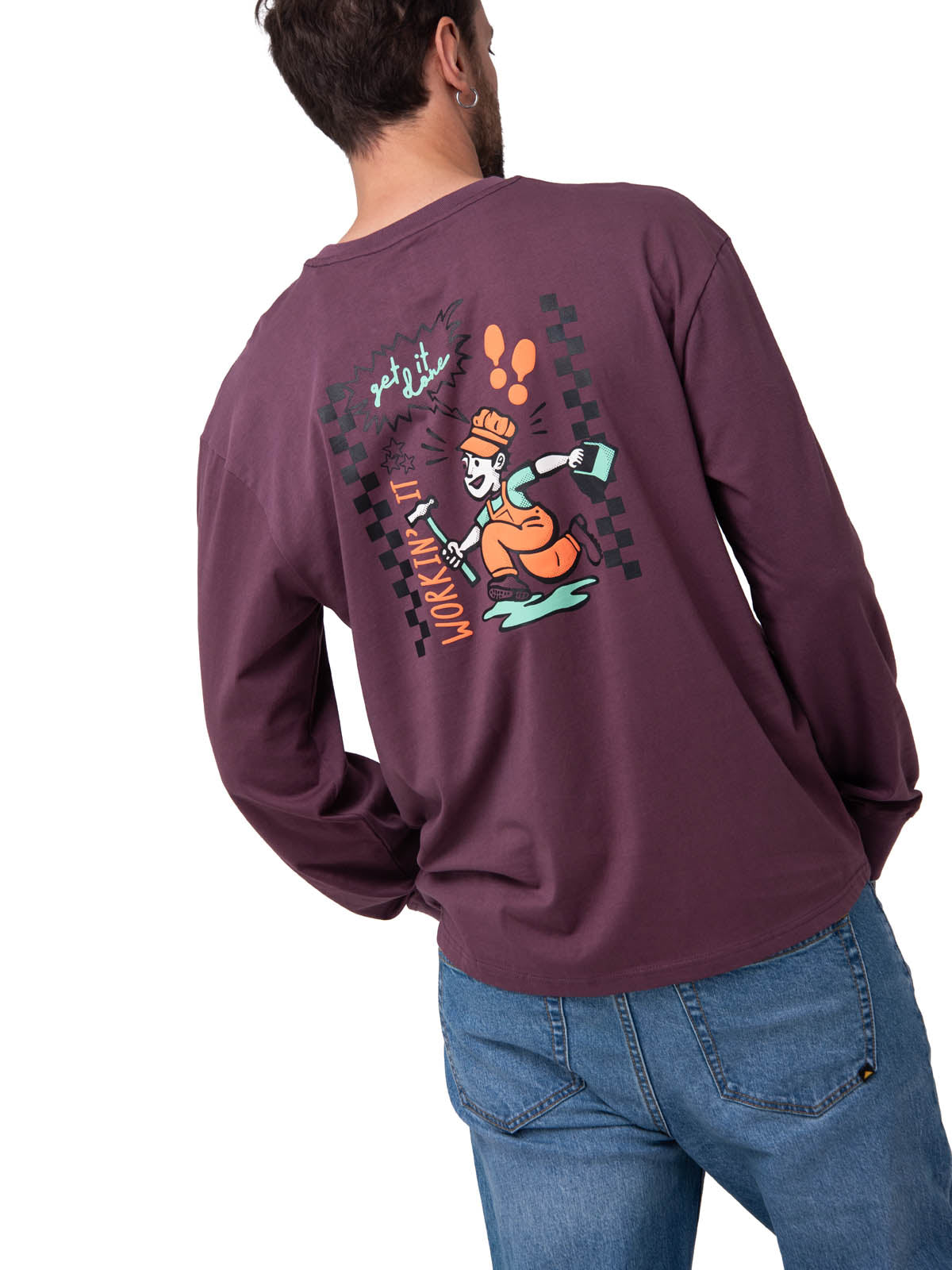 Polera Manga Larga Hombre Diseño SCI FI Burdeo Cat