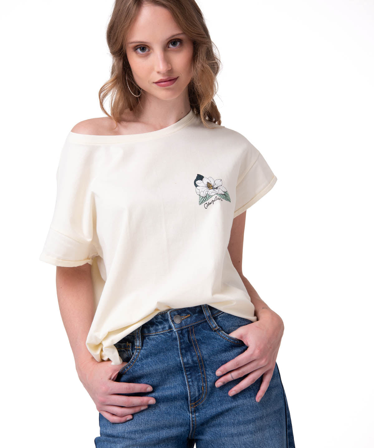 Polera Manga Corta Mujer Botanical Relaxed Blanco Cat