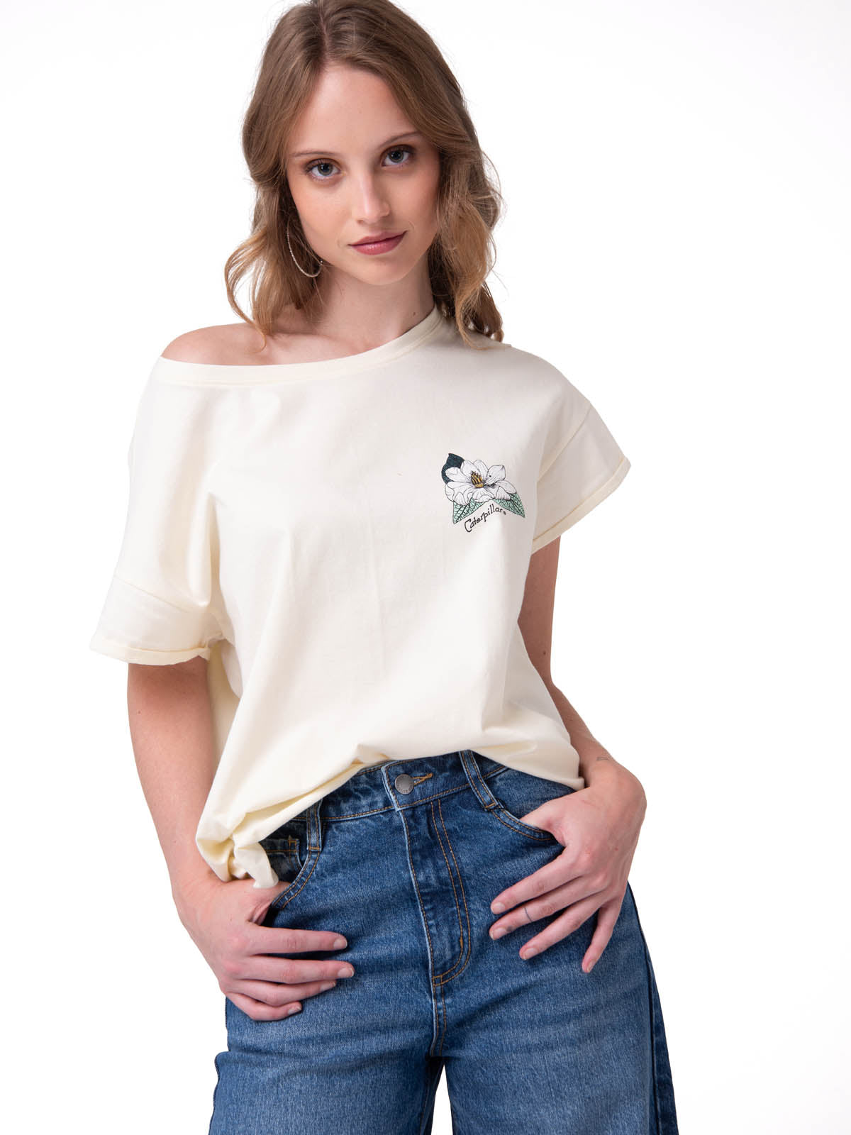 Polera Manga Corta Mujer Botanical Relaxed Blanco Cat