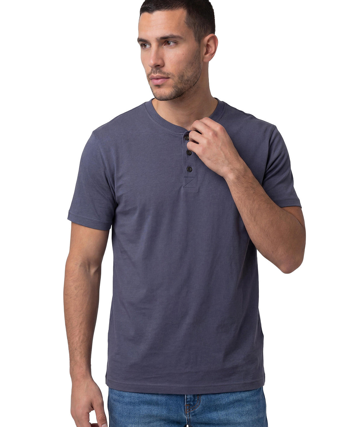 Polera Manga Corta Henley Hombre Slub Knit Azul Cat