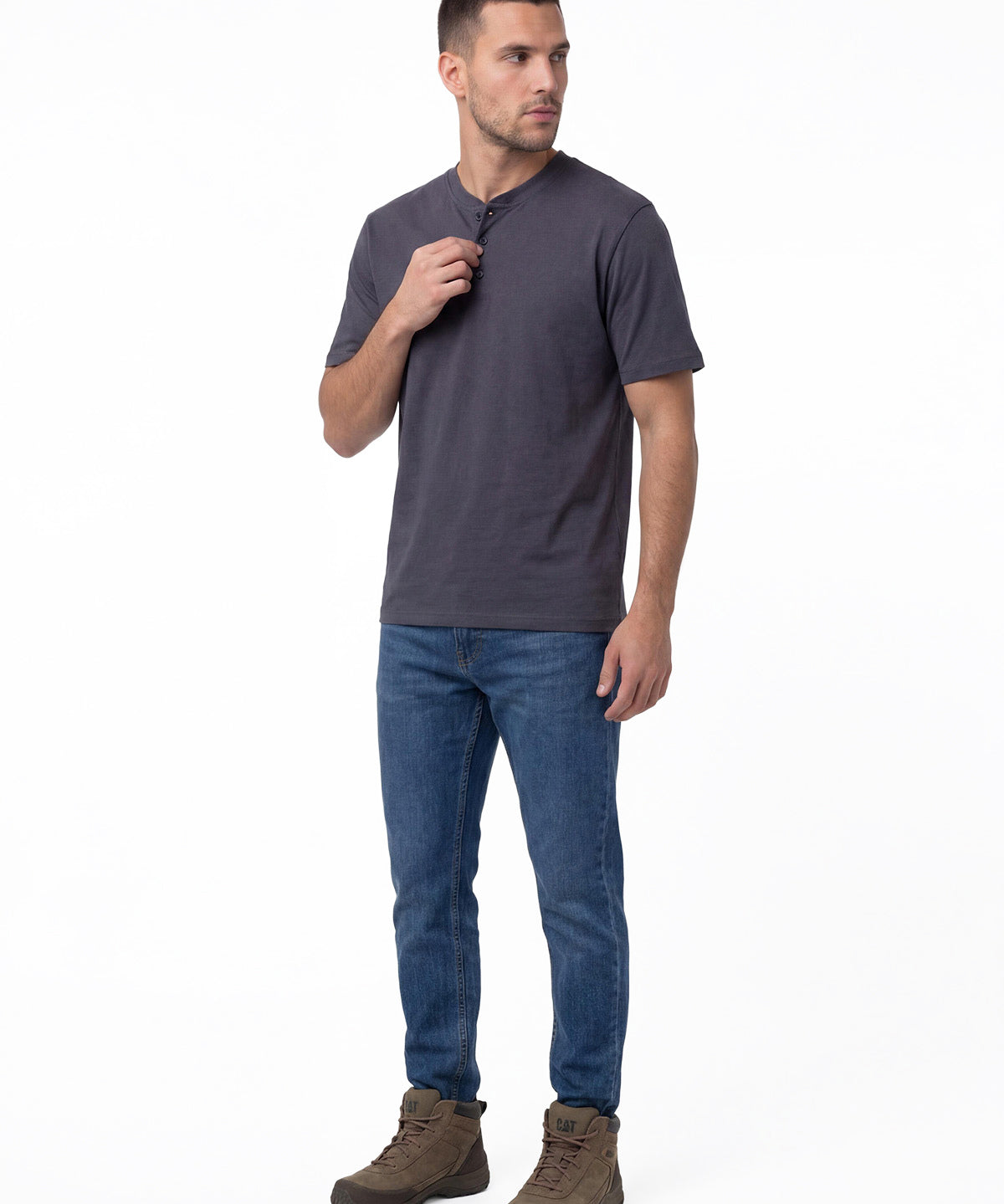 Polera Manga Corta Henley Hombre Slub Knit Azul Cat