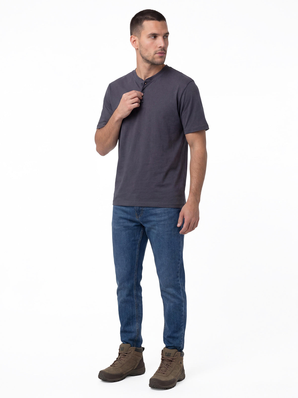 Polera Manga Corta Henley Hombre Slub Knit Azul Cat