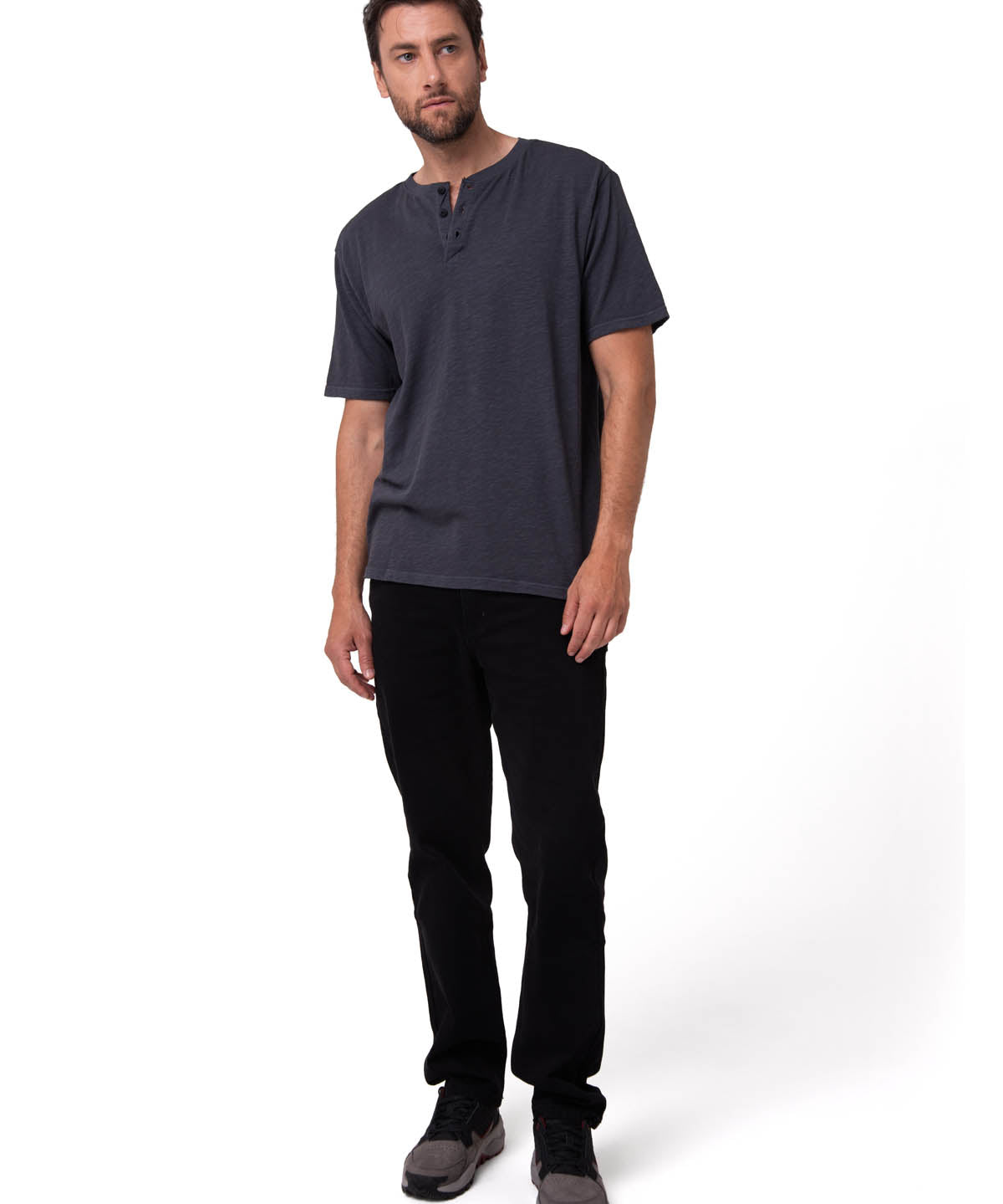 Polera Manga Corta Henley Hombre Slub Knit Negro Cat