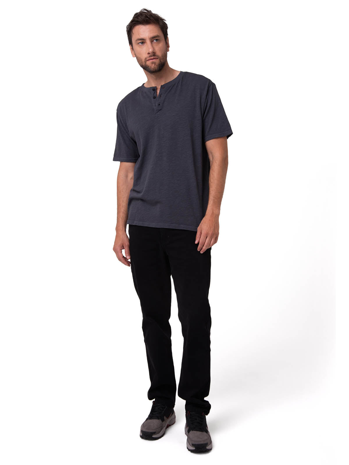Polera Manga Corta Henley Hombre Slub Knit Negro Cat