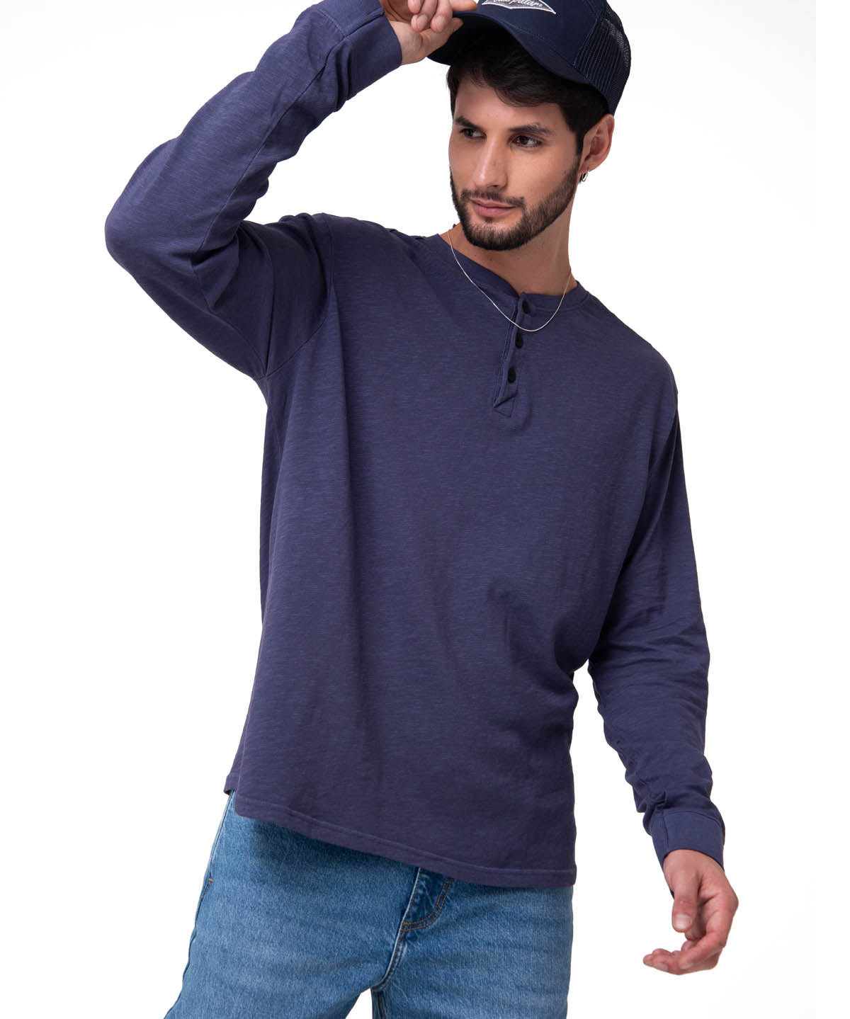 Polera Manga Larga Henley Hombre Slub Knit Azul Cat