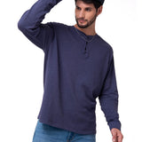 Polera Manga Larga Henley Hombre Slub Knit Azul Cat