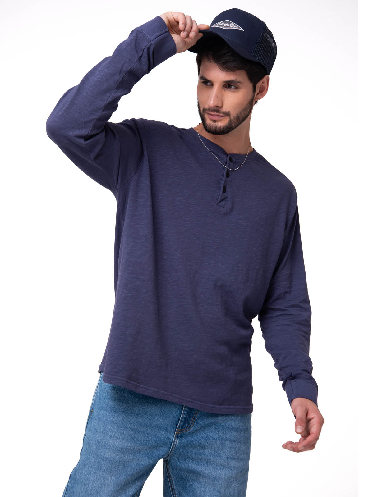 Polera Manga Larga Henley Hombre Slub Knit Azul Cat