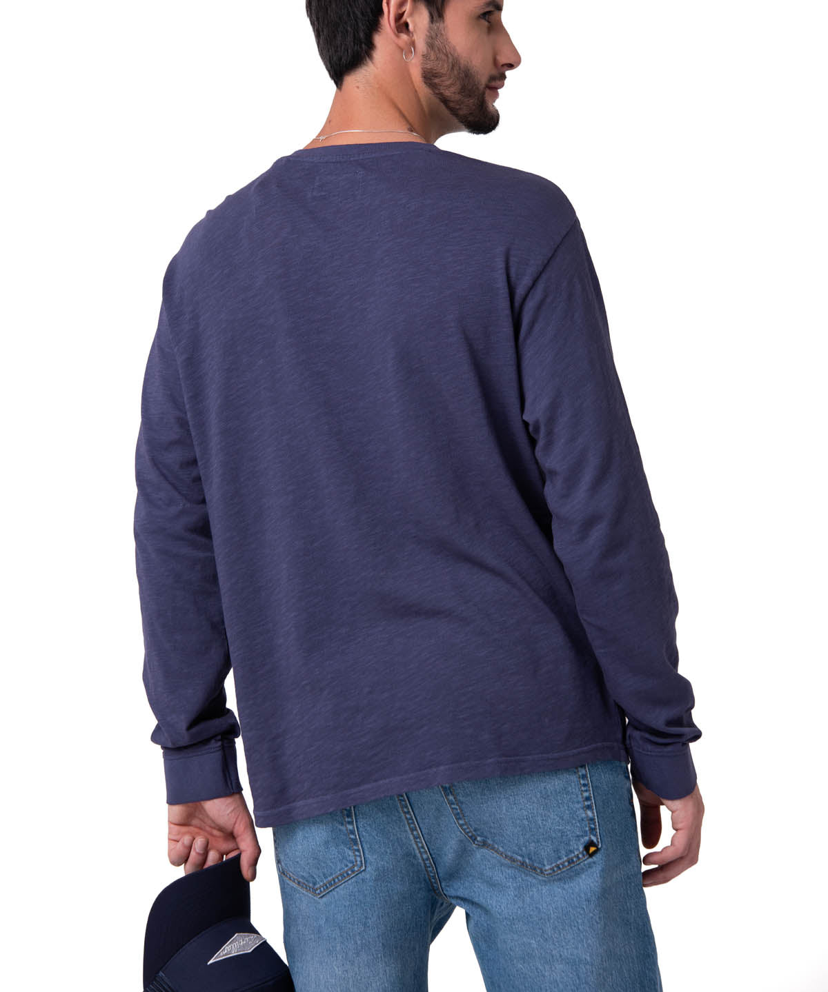 Polera Manga Larga Henley Hombre Slub Knit Azul Cat