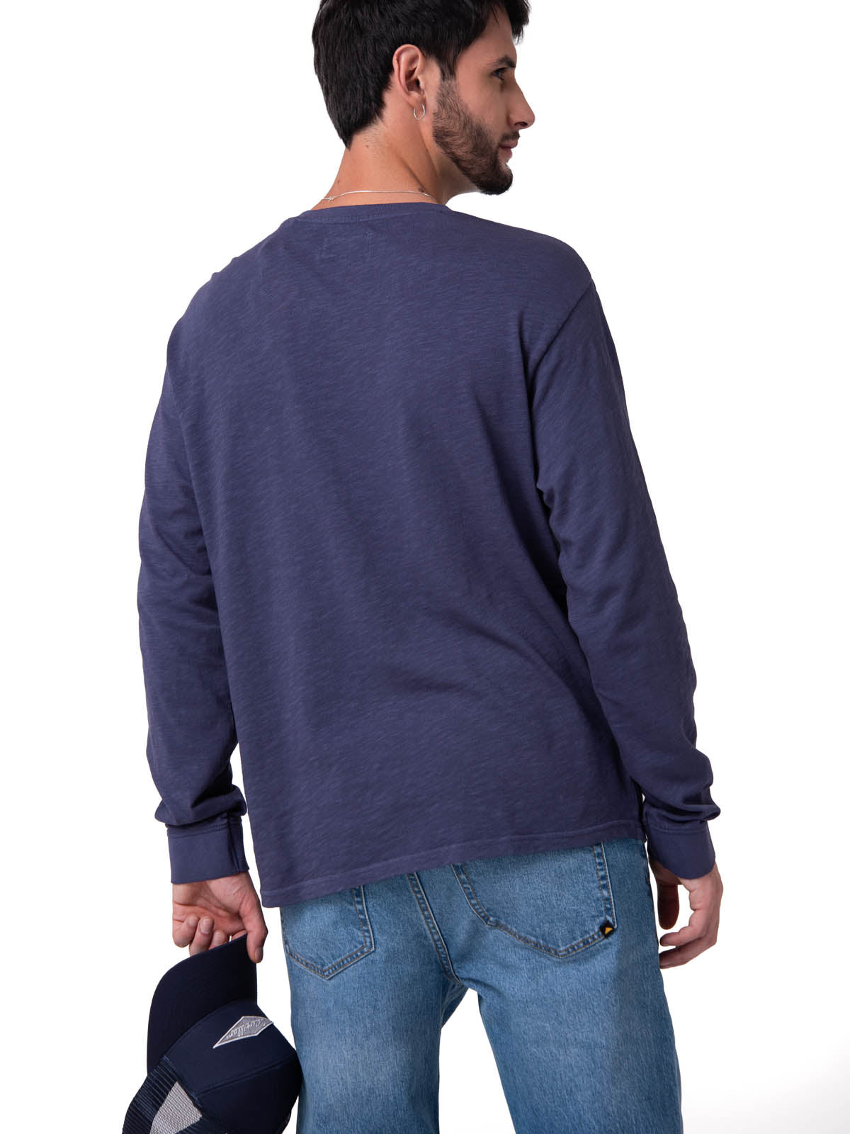 Polera Manga Larga Henley Hombre Slub Knit Azul Cat