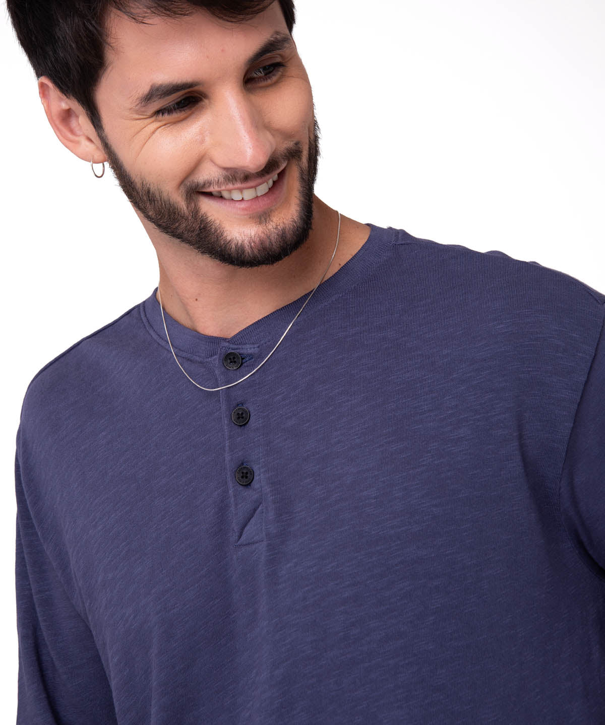 Polera Manga Larga Henley Hombre Slub Knit Azul Cat