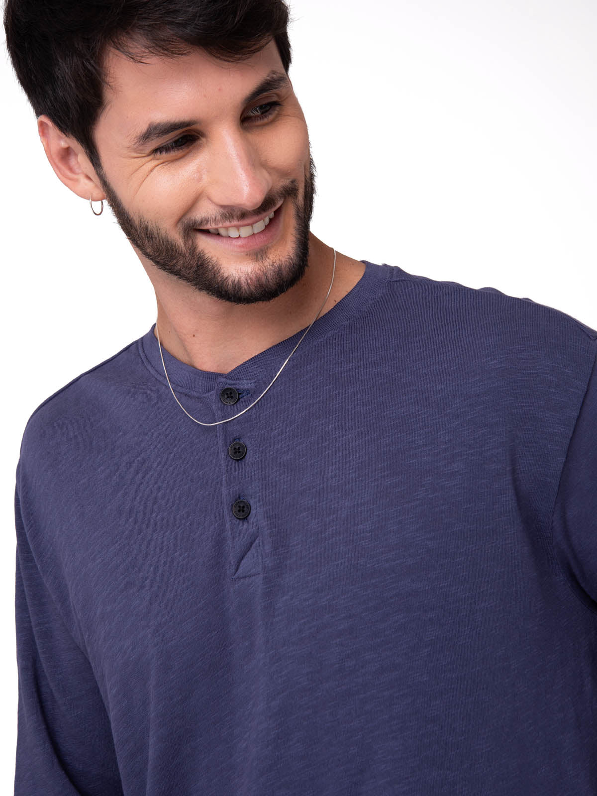 Polera Manga Larga Henley Hombre Slub Knit Azul Cat