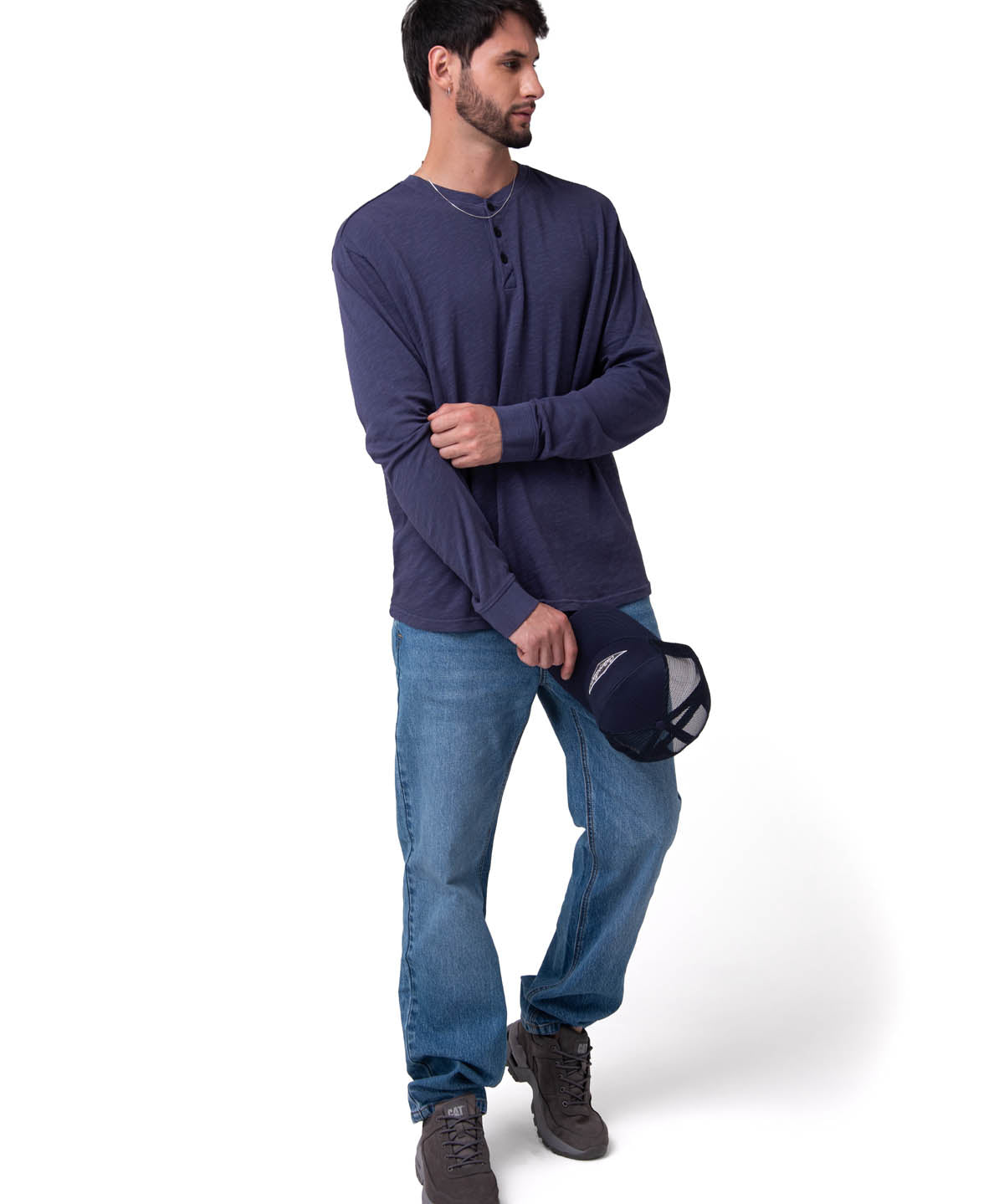 Polera Manga Larga Henley Hombre Slub Knit Azul Cat