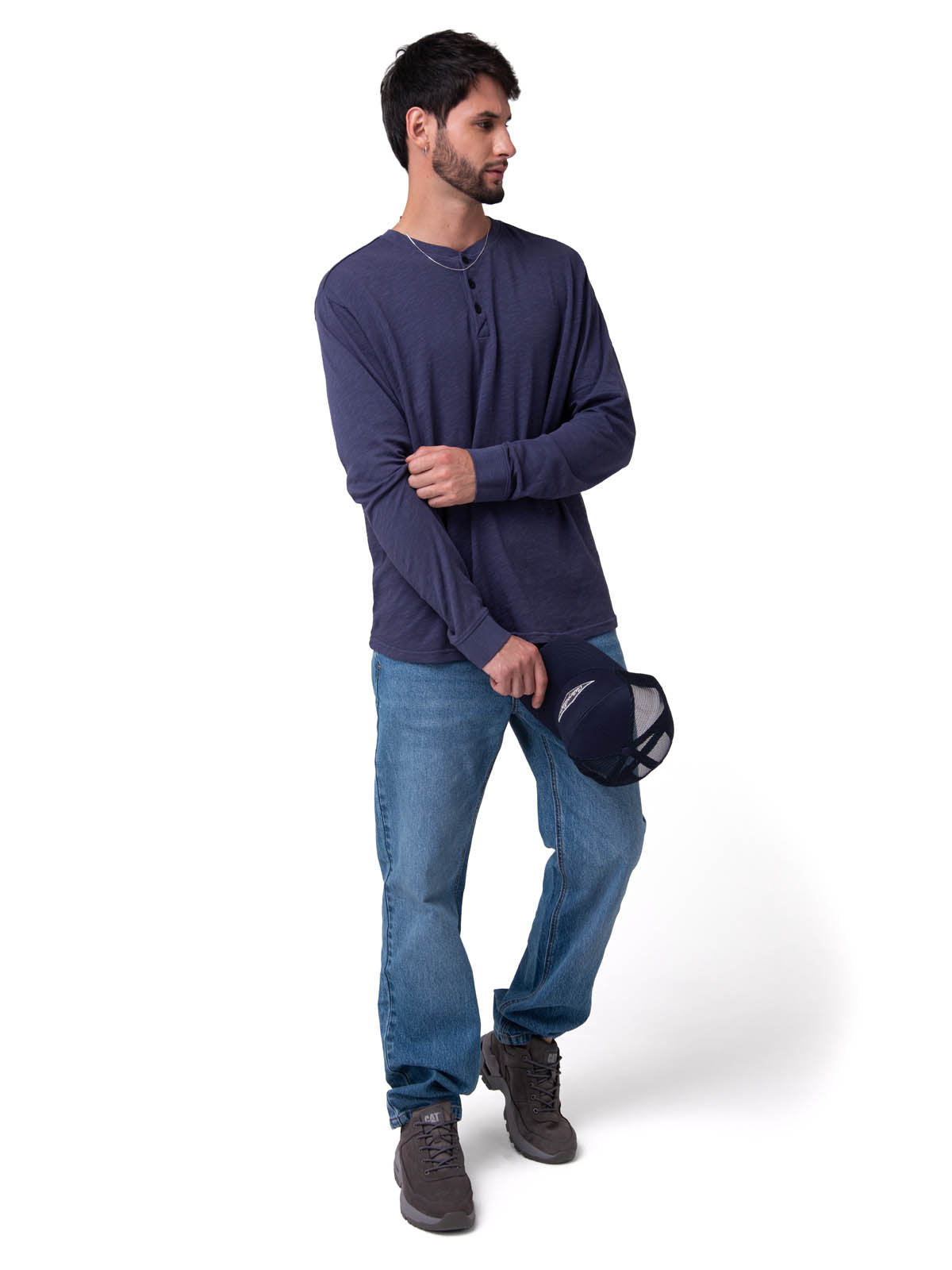 Polera Manga Larga Henley Hombre Slub Knit Azul Cat