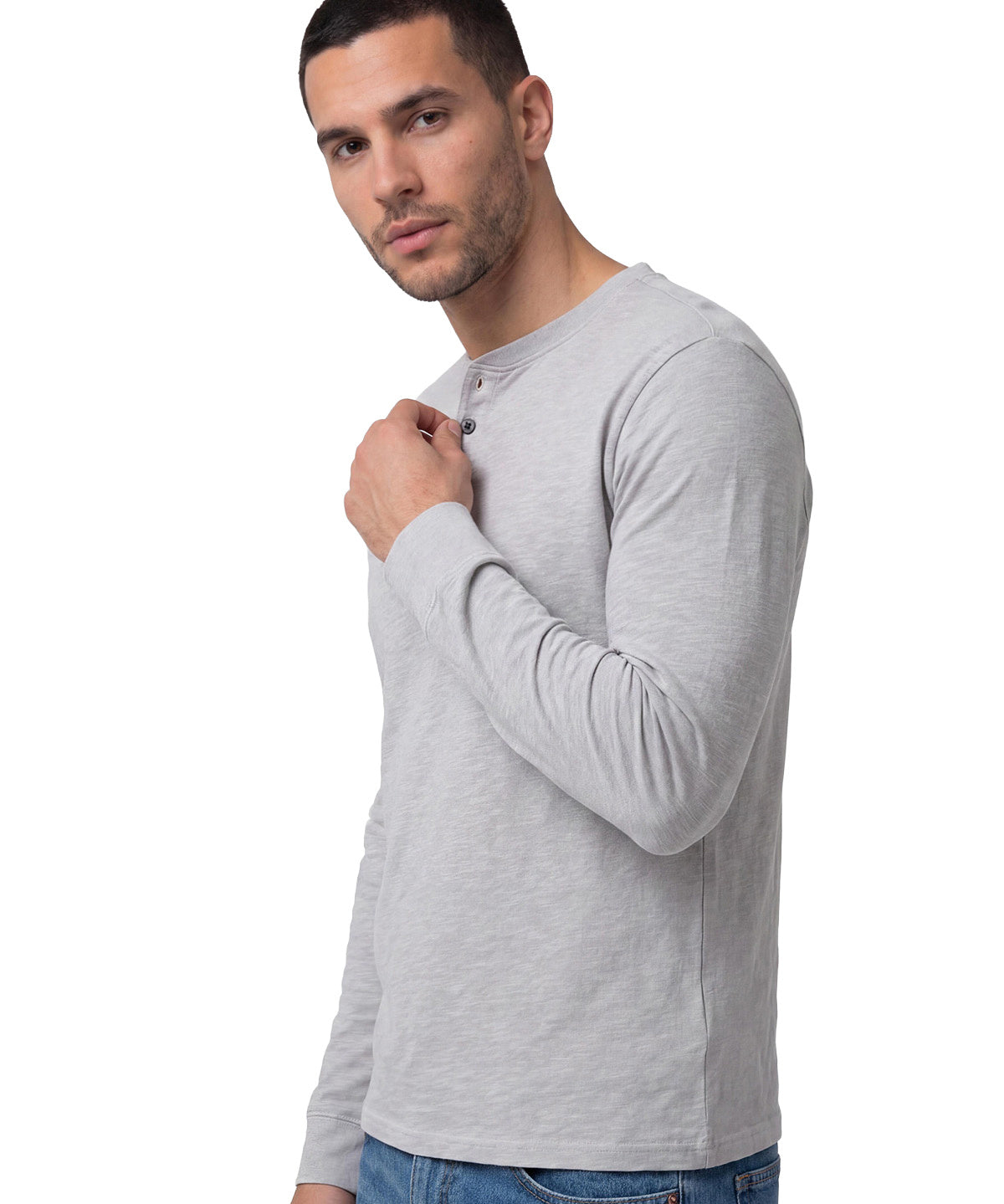 Polera Manga Larga Henley Hombre Slub Knit Gris Cat