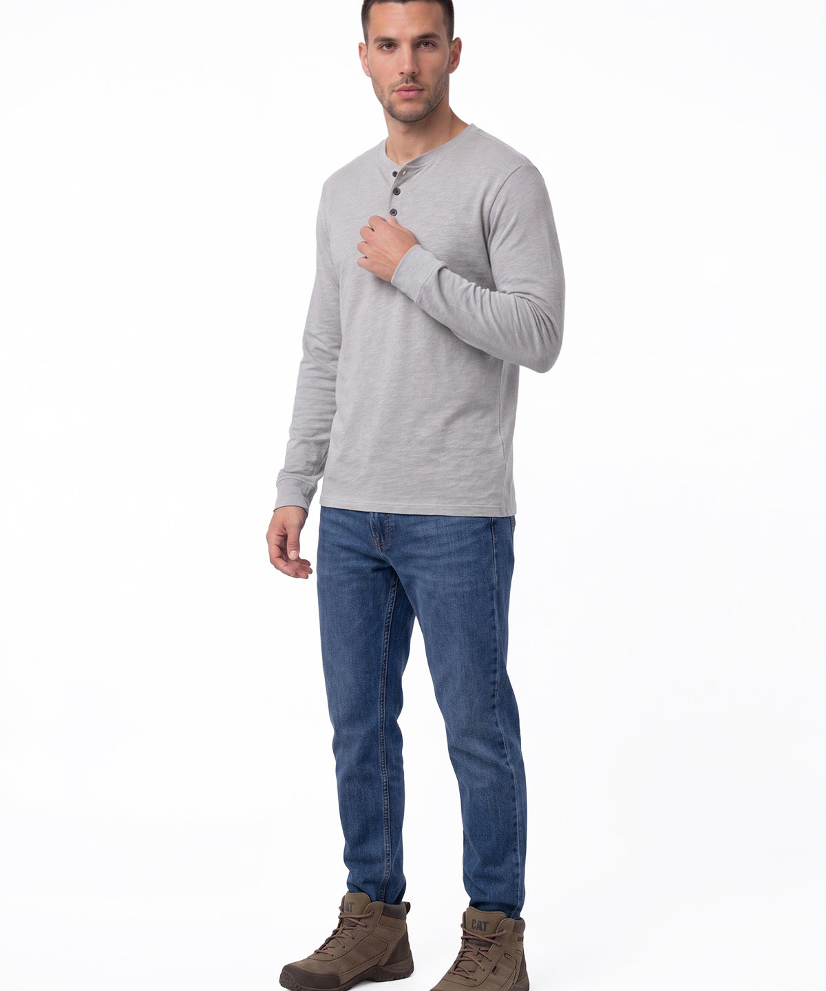 Polera Manga Larga Henley Hombre Slub Knit Gris Cat
