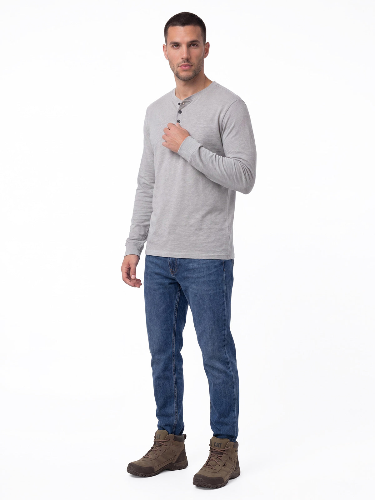 Polera Manga Larga Henley Hombre Slub Knit Gris Cat