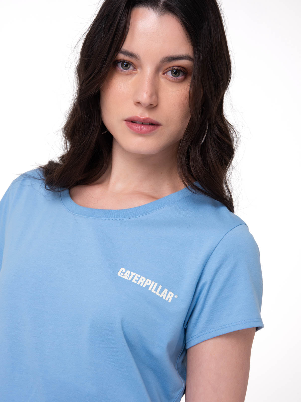 Polera Manga Corta Mujer Logo Caterpillar Celeste